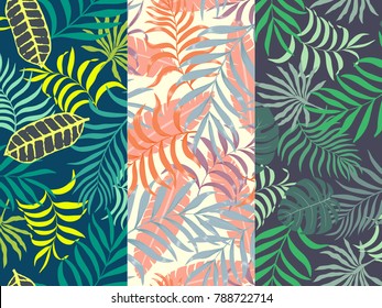 Set of three seamless floral pattern. Tropical background with palm leaves