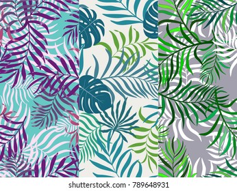 Set of three seamless floral pattern. Tropical background with palm leaves