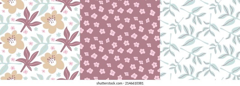 Un conjunto de tres patrones florales sin fisuras. Ideal para el diseño de textiles, papel pintado, papel envasado. Patrón vectorial.