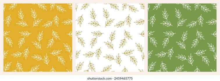 Conjunto de tres patrones florales sin costuras con hojas. Rama de hojas. Hecho a mano. Dibujo a mano. No la IA. Ilustración vectorial