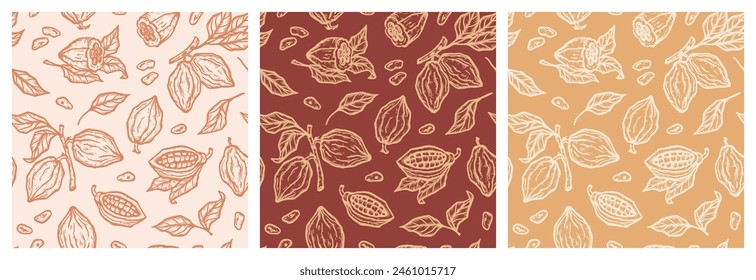 Conjunto de tres patrones florales sin costuras con vainas de cacao. Contorno de granos de cacao y hojas. Frutas tropicales. Ideal para el diseño de embalaje de chocolate o polvo de cacao. Hecho a mano. Dibujo a mano. No la IA. Vector