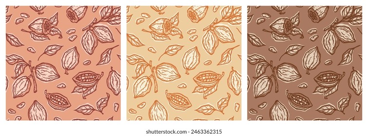 Set of Three Seamless Floral Patterns with Cacao Pods. Cocoa Beans and Leaves. Tropical Fruits. Great for Packaging design of Chocolate or cocoa powder. Handmade. Hand drawing. Not AI. Vector