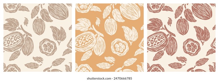 Set of Three Seamless Floral Patterns with Cacao Pods. Cocoa Beans and Leaves. Tropical Fruits. Great for Packaging design of milk, white and dark bitter Chocolate or cocoa powder. Hand drawn.