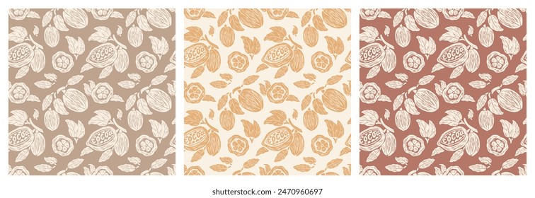 Set of Three Seamless Floral Patterns with Cacao Pods. Cocoa Beans and Leaves. Tropical Fruits. Great for Packaging design of milk, white and dark bitter Chocolate or cocoa powder. Hand drawn.