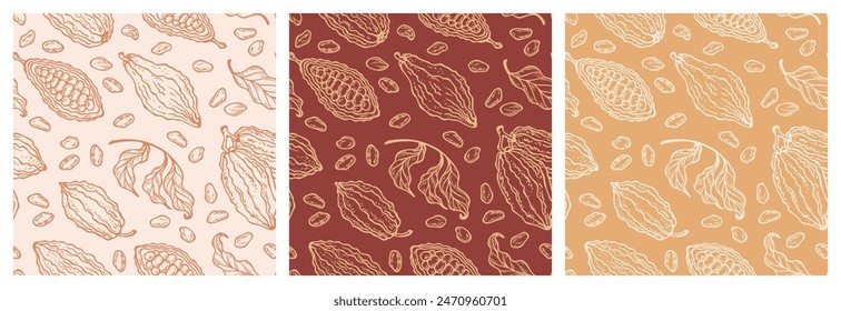 Conjunto de tres patrones florales sin costuras con vainas de cacao. Granos de cacao y hojas. Frutas tropicales. Ideal para el diseño de embalaje de leche, chocolate amargo blanco y oscuro o polvo de cacao. Dibujo a mano.