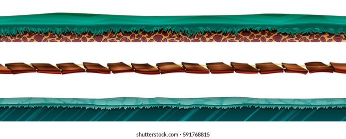 A set of three seamless game background platforms. Wooden bridge, ice platform and grass soil.