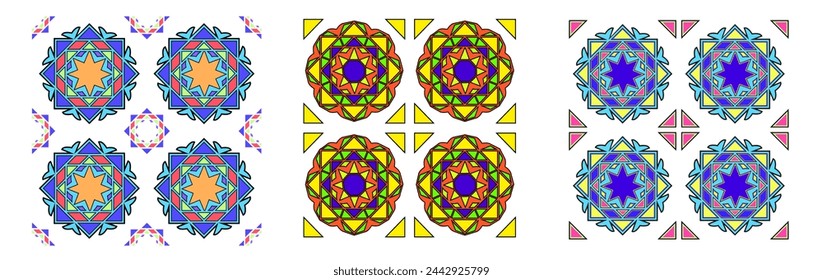 Conjunto de tres patrones geométricos y multicolores sin costuras. El dibujo está destinado a la impresión. Ilustración de vector