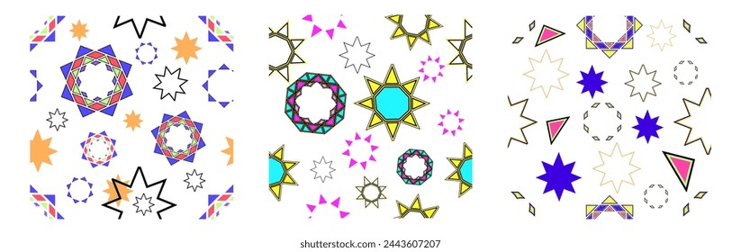 Conjunto de tres patrones geométricos y multicolores sin costuras. El dibujo está destinado a la impresión. Ilustración de vector
