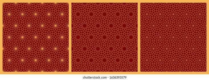 Set of three seamless geometric ornaments based on traditional arabic art.Yellow color lines on red background.Great design for fabric,textile,cover,wrapping paper,background.Average thickness lines.