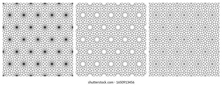 Set of three seamless geometric ornaments based on traditional arabic art. Muslim mosaic.Black and white lines.Great design for fabric,textile,cover,wrapping paper,background.Average thickness lines.