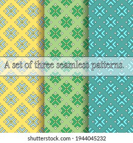 A set of three seamless geometric patterns in turquoise, green and yellow colors. Great for decorating fabrics, textiles, gift wrapping design, any printed materials, including advertising.