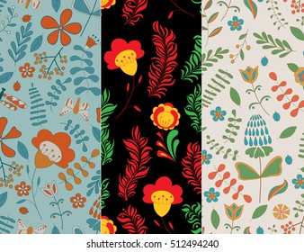 Set of three seamless hand-drawn floral pattern 