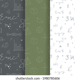 Set of three seamless mathematical school patterns. Vector illustration 