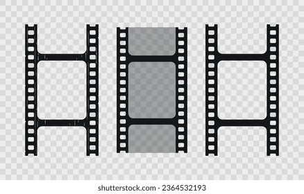 Conjunto de tres rollos de fotos antiguos sin fisuras. Marco cinemático sobre fondo transparente. Colección de bordes de vídeo vintage. Retro con tobogán. Cine de primer nivel sin fisuras. Ilustración vectorial.