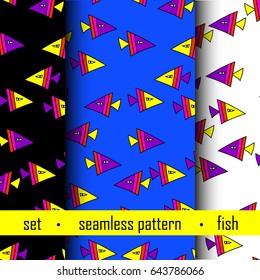 set of three seamless pattern with color fish. vector