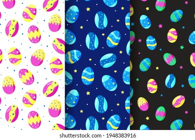 Set of three Seamless pattern of Easter eggs, bright colorful vector illustration on a blue, white and black background.
