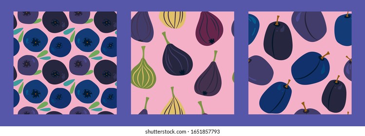 set of three seamless pattern with figs, blueberries, plums and bilberry on a pink background. Modern abstract design for paper, cover, fabric, interior decor