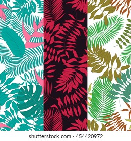 Set of three seamless pattern with hand-drawn tropical leaves