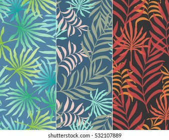 Set of three seamless pattern with hand-drawn tropical leaves
