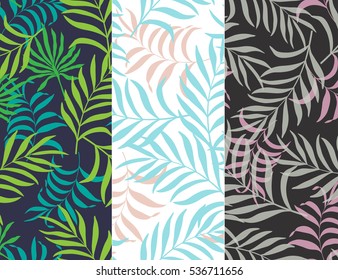 Set of three seamless pattern with hand-drawn tropical leaves