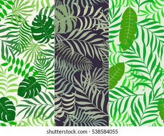 Set of three seamless pattern with hand-drawn tropical leaves