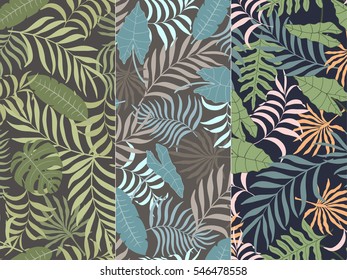 Set of three seamless pattern with hand-drawn tropical leaves
