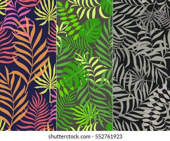 Set of three seamless pattern with hand-drawn tropical leaves
