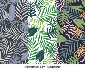 Set of three seamless pattern with hand-drawn tropical leaves