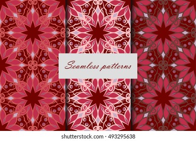 Set of three seamless pattern with mandalas in beautiful retro colors for your design. Vector background