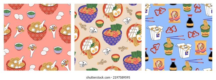 Set of three seamless pattern with ramen noodle. Different recipes of hot meal. Soup with shrimps, eggs, mushrooms, tofu, meat, chopsticks, souse. Hand drawn vector illustration, flat cartoon style.