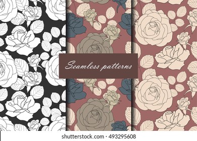 Set of three seamless pattern with roses in beautiful vintage colors for your design. Vector background