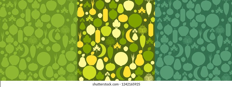 Set of three seamless pattern with silhouettes of fruits and vegetables. Wrapping paper concept. Healthy food.