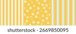Set of three seamless patterns: (1) soft lemon and vanilla stripes, (2) tiny light flowers on yellow background, (3) lemon and light blue stripes. For summer beach sea sun textiles and digitals