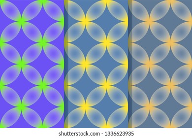 Set of three seamless patterns with abstract figures of cross-shaped structure in one style. Colorful illustration, eps10. Clipping mask applied.