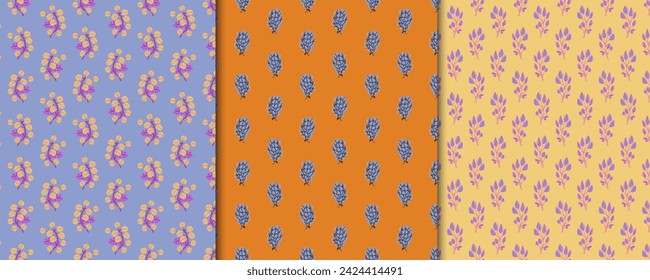 Set of three seamless patterns, backgrounds with flowers, leaves and branches. Vector templates