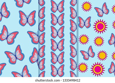 Set of three seamless patterns with butterflies and flowers in one style. Can be used for tile, wallpaper, textiles, wrapping, card, cover. Vector illustration, eps10. Clipping mask applied
