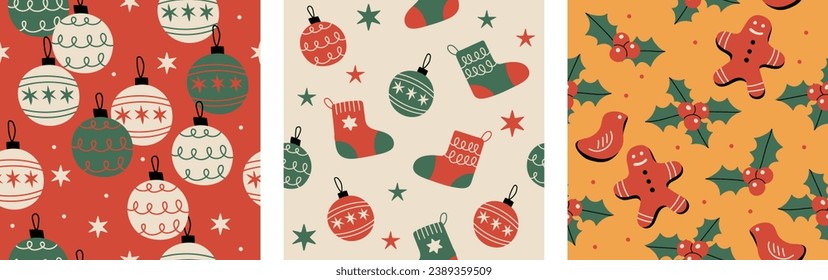 A set of three seamless patterns with Christmas motifs.