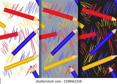 Set of three seamless patterns with with colorful pencils and children's drawing. Vector EPS10. Clipping mask applied.