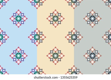 Set of three seamless patterns with colorful gems on light background. Colorful illustration in realistic style. Vector illustration EPS10