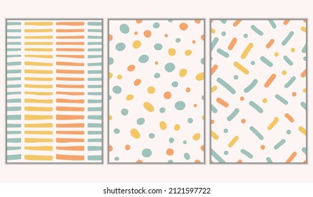 Set of three seamless patterns. Colorful line doodle background. Modern fashion vector illustration.