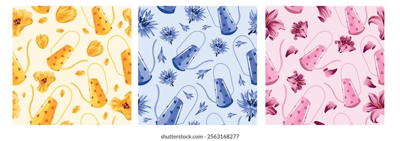 set of three seamless patterns with colorful watering cans for watering plants and various flower buds on colorful backgrounds	