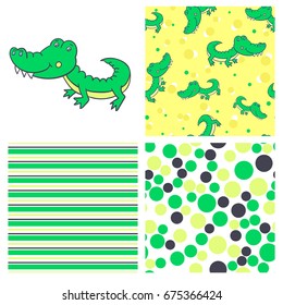  set of three seamless patterns and a cute crocodile.Funny character.Vector illustration of African wild animals.Print for children's books,fabric,paper,Wallpaper.Can be used for children books,cards.