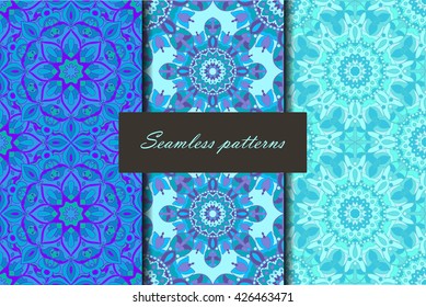 Set with three seamless patterns. Decorative vintage patterns with mandalas. Vector backgrounds