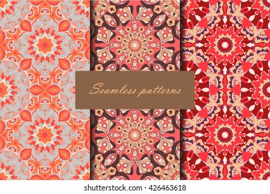Set with three seamless patterns. Decorative vintage patterns with mandalas. Vector backgrounds