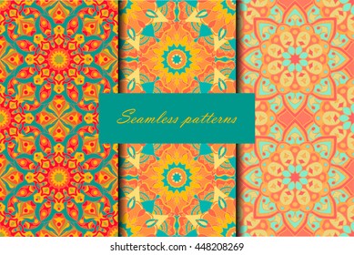 Set with three seamless patterns. Decorative vintage patterns with mandalas. Vector backgrounds