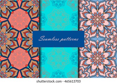 Set with three seamless patterns. Decorative patterns with mandalas in modern colors. Vector backgrounds