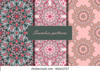 Set with three seamless patterns. Decorative patterns with mandalas. Vector backgrounds