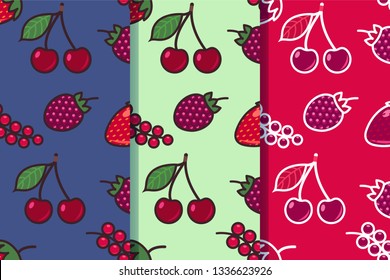 Set of three seamless patterns with different berries in one style. Colorful illustration, eps10. Clipping mask applied.