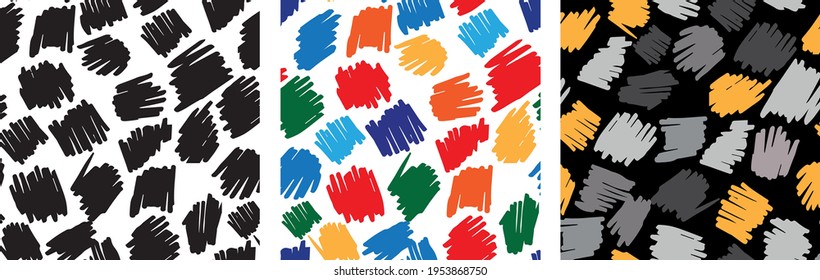 Set of three seamless patterns with doodles, black and white, rainbow colors and gray with yellow on a black background