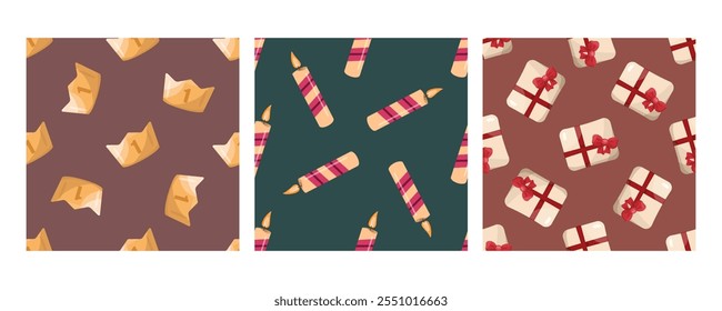 Set of three seamless patterns in flat style with number fragments, striped candles, and gift boxes